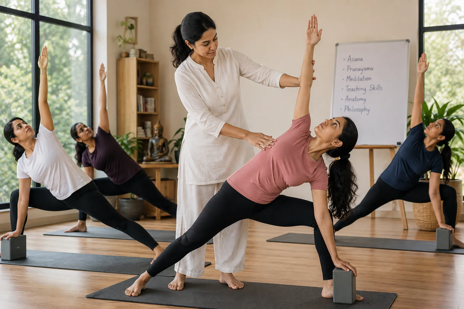Yoga teacher guiding students during a yoga training session